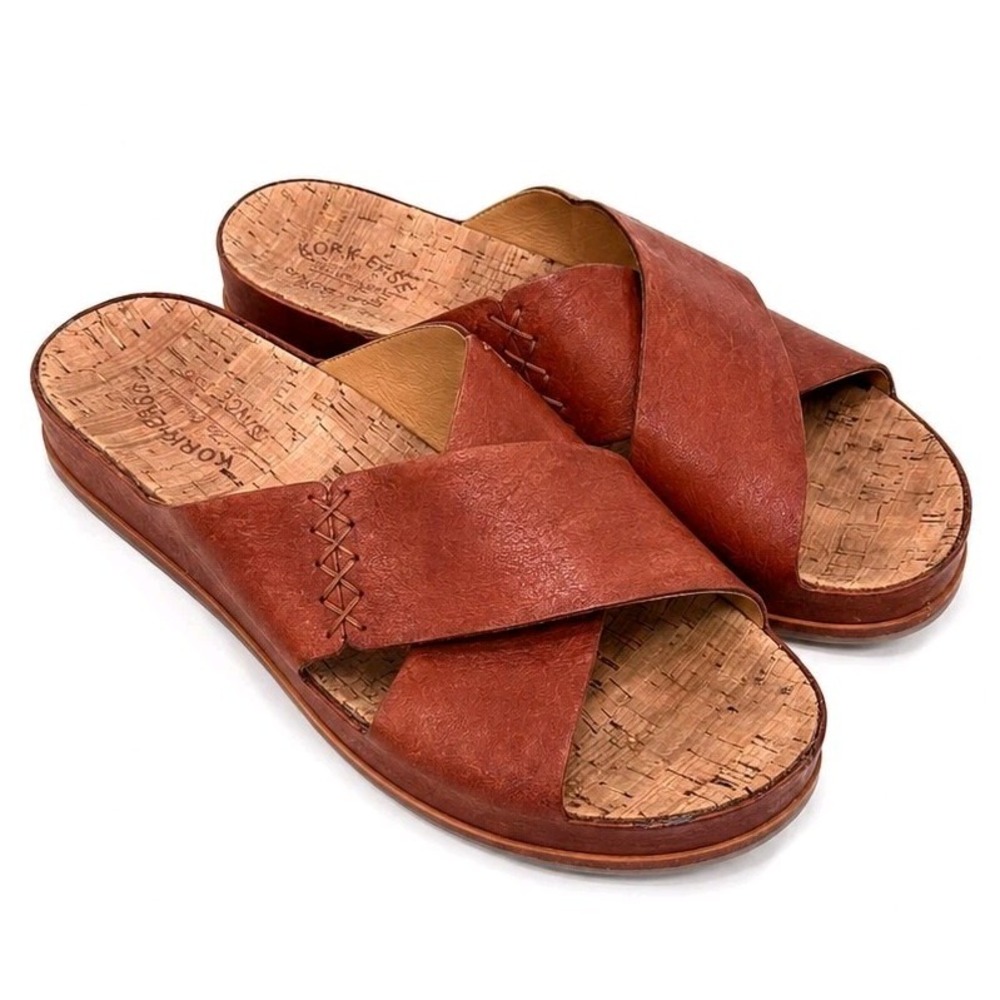 Kork-Ease Women's 10M Leather Slide Sandals Brown Cork Footbed Cross Strap